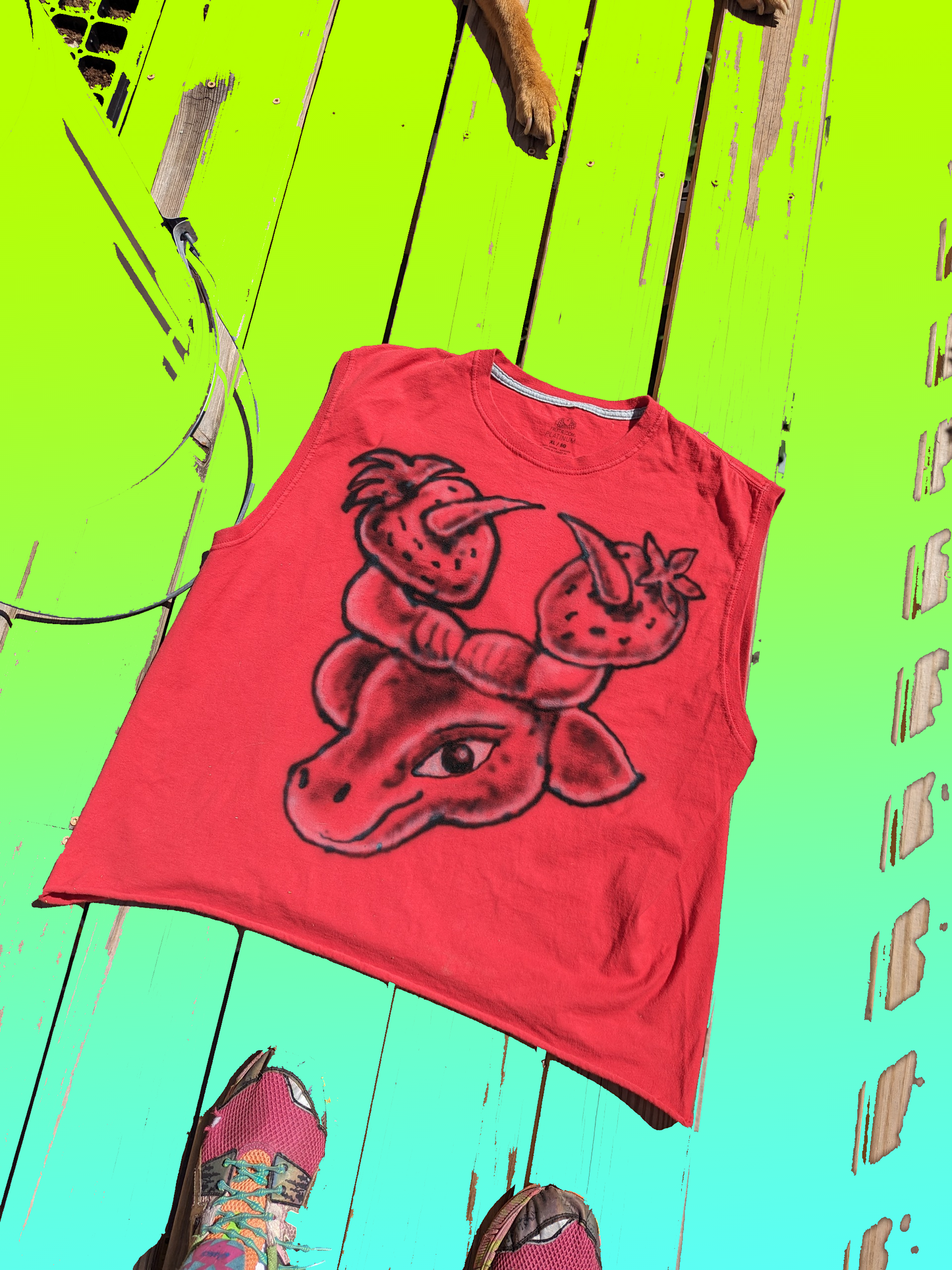 BULL WITH STRAWBERRYS ON IT'S HEAD SLEEVELESS TEE FOR SUMMER